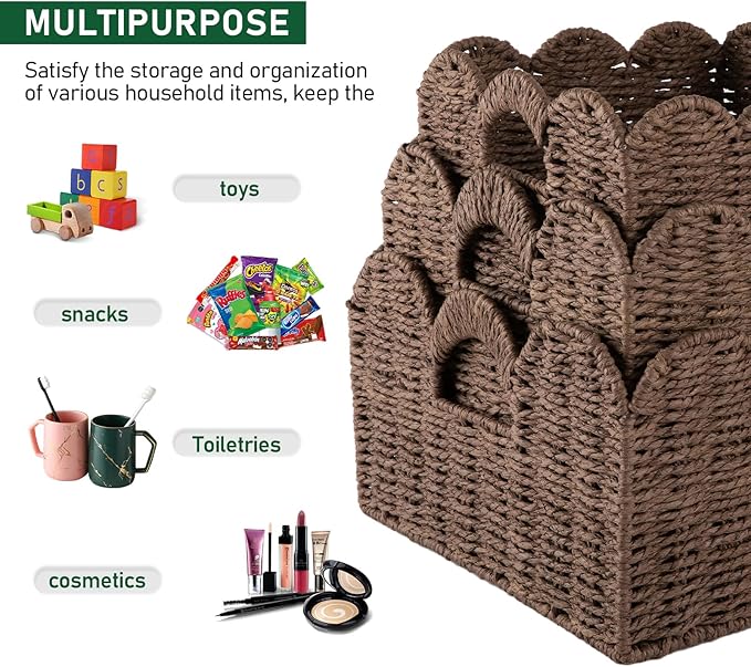 OIAHOMY Scalloped Wicker Baskets, Hand-woven Storage Baskets with Built-in Handles, Paper Rope Shelf Baskets for Organizing and Decoration, Set of 3-Brown