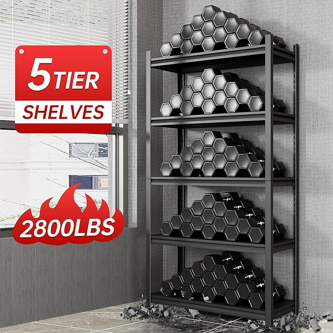 Metal Garage Shelving, Adjustable 5-Tier Heavy Duty Shelving, 2800 LBS Garage Shelving Unit and Storage,Heavy Duty Shelves for Basement,Warehouse,Kitchen