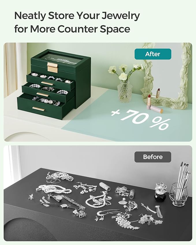 SONGMICS Jewelry Box Organizer with Glass Lid, 4-Layer Jewelry Storage, with 3 Drawers, Modern Style, Christmas Gift, 6 x 9.9 x 8.5 Inches, Forest Green and Gold Color UJBC161G01