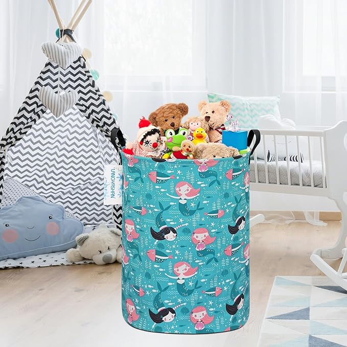 LANGYASHAN Storage Bin, Canvas Fabric Collapsible Organizer Basket for Laundry Hamper,Toy Bins,Gift Baskets, Bedroom, Clothes,Baby Nursery (Round Mermaid)
