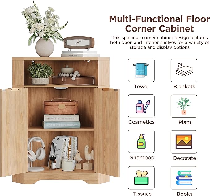 Vabches Corner Cabinet, Corner Bathroom Cabinet with Open Storage, Modern Fluted Storage Cabinet with 2 Doors and Adjustable Shelf, Space Saver for Bathroom, Kitchen, Living Room, Pantry, Natural