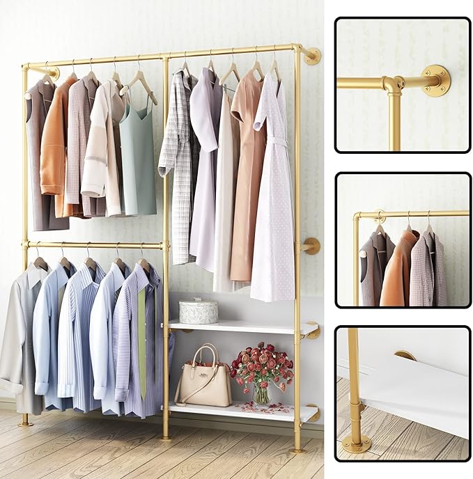 Gold Pipe Clothes Racks with White Shelves, Industrial Pipe Gold Clothing Rack with Double Hanging Rods, Heavy Duty Wall Mounted Clothing Rack Rod for Closet Storage, Bedroom