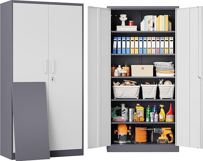 Metal Storage Cabinet with 2 Doors and 6 Shelves,Gray White Metal Cabinet with Lock,71" Lockable Garage Storage Cabinets,Locking File Cabinet,Steel Tool Cabinets for Home,Office,Garage,Shop,School