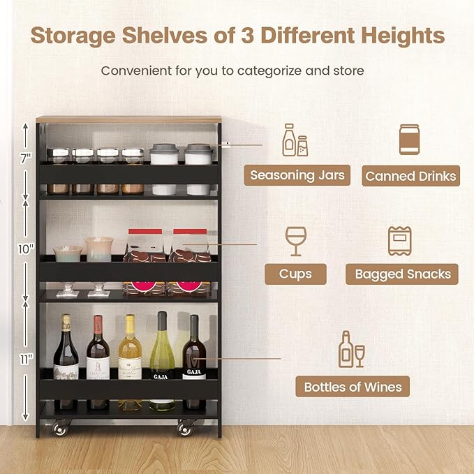 Slim Rolling Storage Cart, 4 Tier Narrow Kitchen Cart with Wheels, Between Washer and Dryer Cart, Wood Shelving Unit Organizer w/Handle for Small Spaces (Black, 5-Inch)