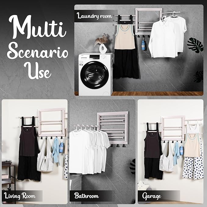 Wall Mounted Drying Rack - Clothes Drying Rack Wall Mounted for Laundry - 20 INCH - with 5 Hooks and 8 arms - 80 lbs Capacity - White Bamboo
