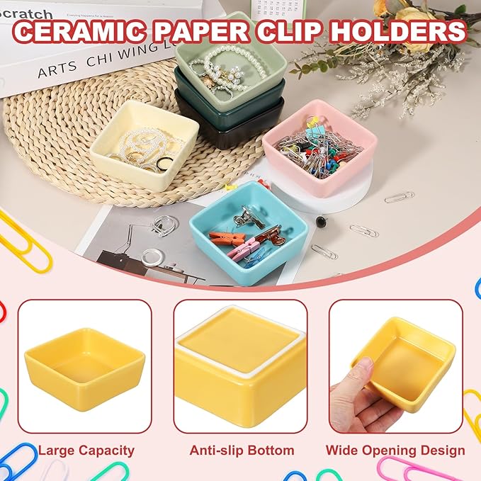 PATIKIL Square Paper Clip Holders, Ceramic Bowl Dish Clip Dispenser Organizer Desk Organizer Accessories for Office Desktop Decor Bobby Pin Binder Paper Clamp, Yellow