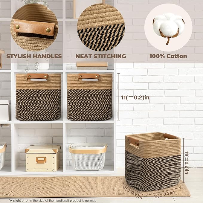 danpinera 3-Pack Cotton Rope Baskets for Storage, 11"x11" Cube Storage Cubes Store Towel, Snack, Storage Bins with Reinforced Stitching & Practical Handles, Black & Brown