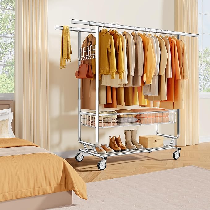 Heavy Duty Clothes Rack with Metal Basket, 720 LBS Rolling Double Rod Garment Rack, Portable Extendable Clothing Rack with Wheel for Bedroom, Laundry Room & Retail Store