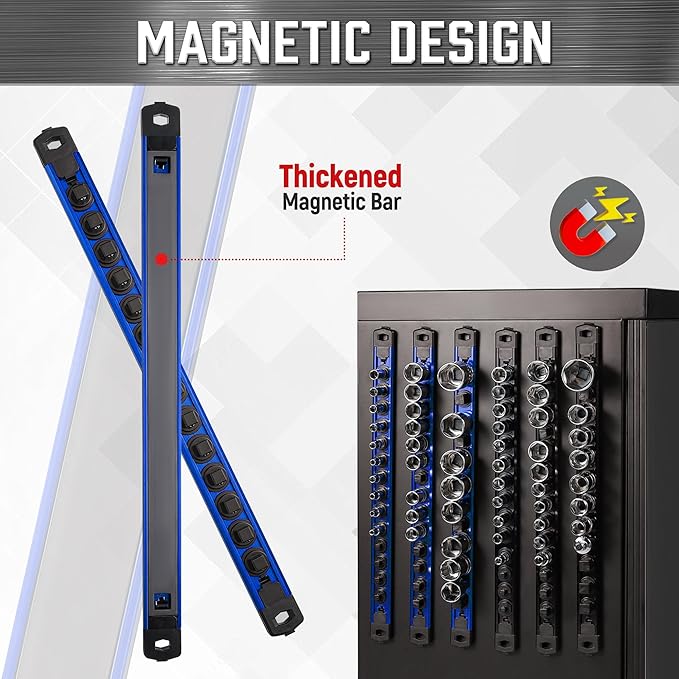 ALOANES 1/4-Inch Drive Magnetic Socket Organizer, Heavy Duty Aluminum Socket Rail Organizer, 360° Swivel Clips Socket Holder Kit for Tool Box, 1/4-Inch Socket Holder x 14 Clips (Blue)