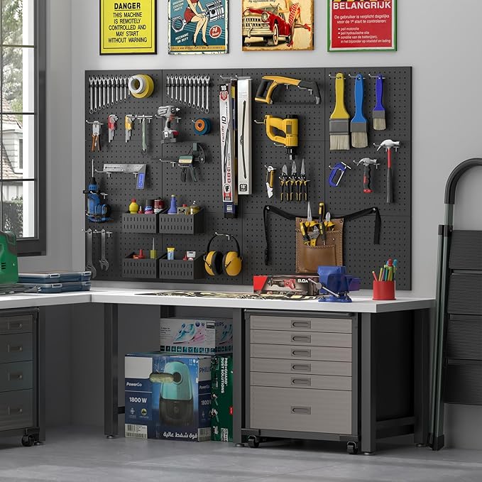 Peg Board,4 Pack Metal Pegboard Panels and Accessories,Heavy Duty Peg Board, Black Wall Pegboards Organizer for Garage,Bedroom,Ornaments Display
