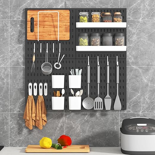 Peg Board Combination Kit, 4 Pegboards with 20 Accessories, Pegboard Wall Organizer for Office, Nursery & Home Storage, Key Holder, 25.6"x25.6" – Nail-Free Installation（Black）