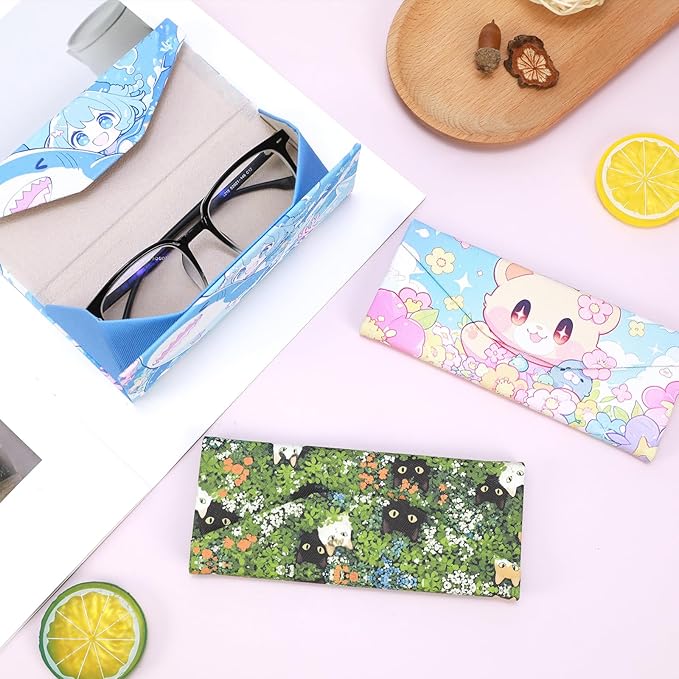 Foldable Glasses Case, Magnetic PU Leahter Sunglasses Case, Cute Hard Shell Folding Eyeglass Cases for Women Kids
