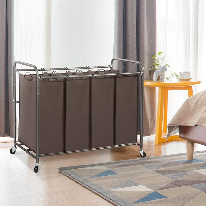 STO STO Laundry Sorter 4 Section, 4 Bag Laundry Hamper, Rolling Laundry Cart, Laundry Basket with Heavy Duty Lockable Wheels and Removable Bag for Clothes Storage, Brown
