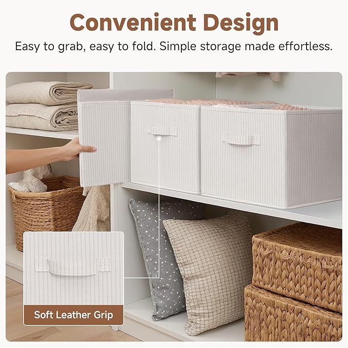 StorageWorks Storage Baskets for Shelves, Foldable Fabric Closet Storage Bins with Handles, Fabric Storage Bins Clothes Organizer, Beige Stripes, 3-Pack, Extra Large