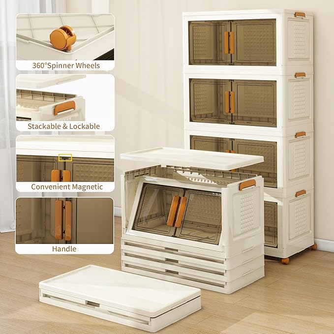 Plastic Stackable Storage Bins with 2 Lids and Wheels, Foldable Closet Organizers and Storage Containers, Collapsible Clear Drawer Storage Cabinet with Doors Ivory White 912 QT