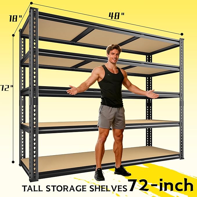 48" W Garage Shelving Heavy Duty 2800LBS Garage Storage Shelves, 5 Tier Adjustable Metal Shelving Unit Utility Rack Shelf for Warehouse, Pantry, Closet, Kitchen 72" H x 48" W x 18" D, Black
