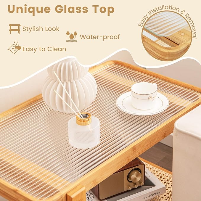 GOFLAME Bamboo Side Table Set of 2 with Glass Top, 2-Tier End Table with PE Rattan Shelf, Ideal for Bedroom, Living Room