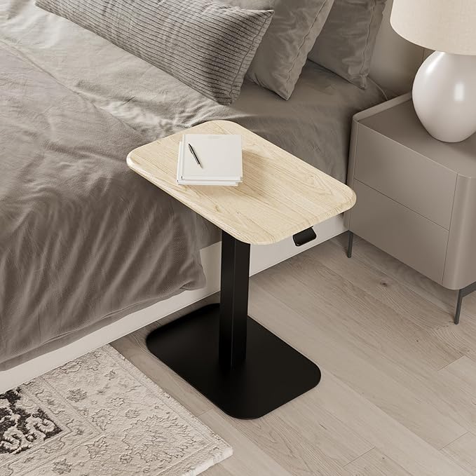 Ergohome™ ELEVANCE Table™ Effortless Height Adjustable Side Table for Couch Bed, Laptop Table - Small End Table Office Coffee Table - Superior Stability Sofa Side Table (Black Base Washed Oak Top)