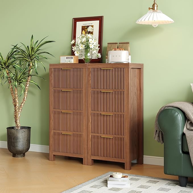 Mid-Century Modern Tall Wooden Dresser with 4 Spacious Drawers, Entryway Storage Chest with Smooth Metal Handles, Bedroom Clothes Organizer for Entryway, Office, and Small Spaces, Walnut