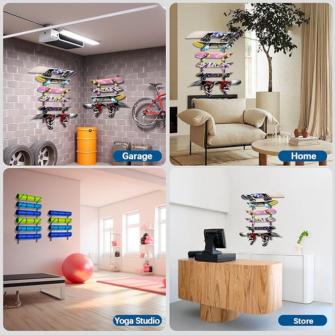 Skateboard Rack Wall Mount – Skateboard Wall Hanger, Snowboard Display Wall Mount, Ski Holder | 6-Floor Skateboard & Ski & Snowboard Storage Rack | Snowboard & Ski Lover Gifts