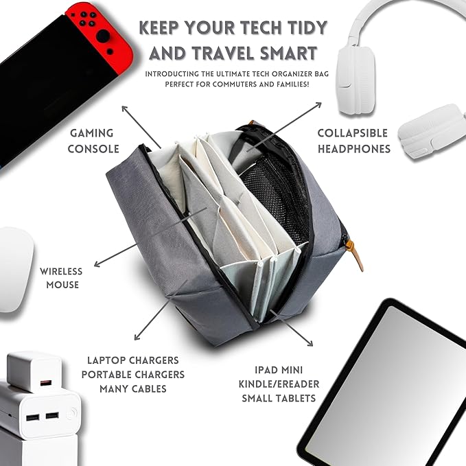 Large Electronics Organizer and Tech Travel Bag – Premium Portable Case for Cables, Chargers, Cords, and Accessories – Ideal pouch for your Travel Essentials and Commuting needs (Grey)