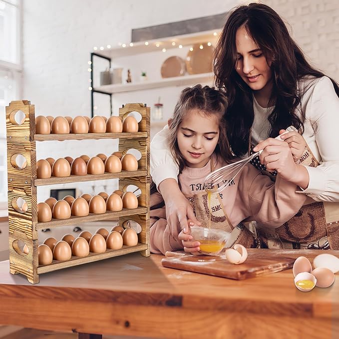 Wooden Egg Holder with 4 Layers/48-Hole, Stackable Wood Egg Rack Countertop with Handle, Stores Chicken/Duck/Quail/Turkey/Easter Eggs