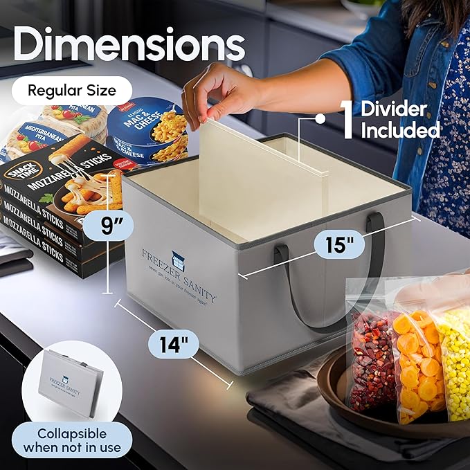 The Original Chest Freezer Organizer Bins, Stackable Storage Organizers, Deep Freezer Dividers, Handles, Heavy-Duty, Water-Proof (4 Pack Regular 15x14x9)