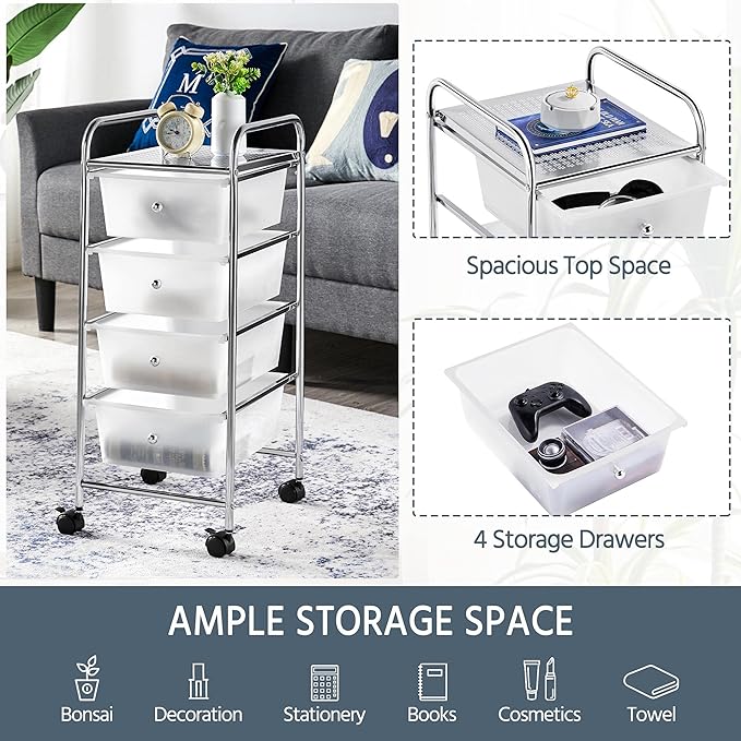 Yaheetech 4 Drawers Cart Rolling Plastic Storage Cart and Organizer Metal Frame Drawers Plastic Trolley Organizer on Wheels, White