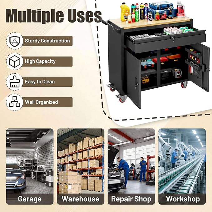 46-inch Rolling Tool Cabinet,Tool Chest Workbench with Wood Top, Casters, Handle, Drawer Liner, Locking System,Tool Storage Workstation with 1200 lb for Warehouse, Factory, Auto Service Bays