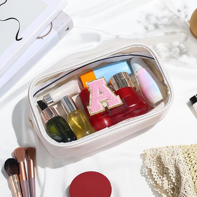 YOOLIFE Initial Travel Makeup Bag Pouch, Clear Toiletry Bag for Women Travel Accessories Cosmetic Bag Skin Care for Teen Make Up Bags Birthday Gifts for Women Unique Teacher Mom Friends Gifts White B
