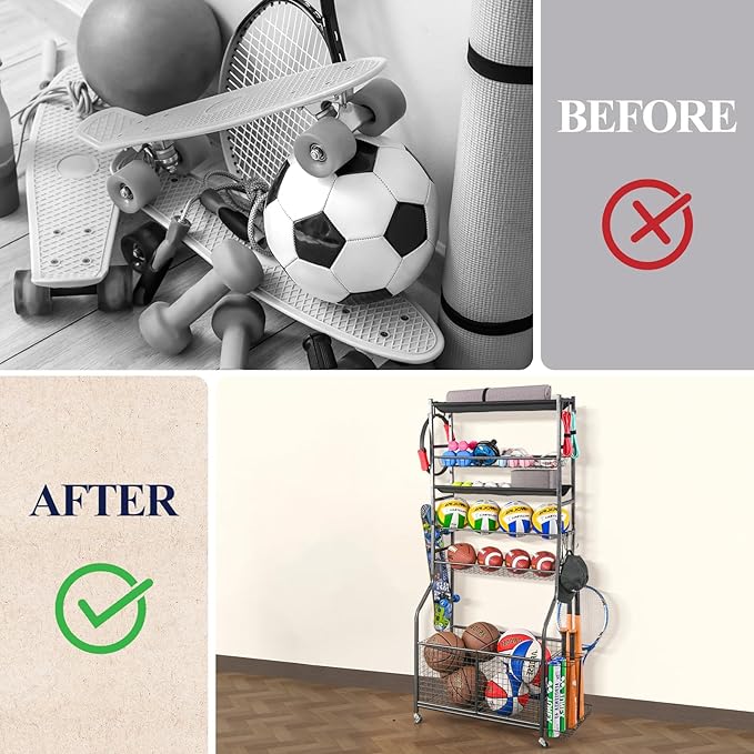 Mythinglogic Sports Equipment Garage Organizer,Garage Ball Storage for Sports Gear and Toys, Rolling Ball Cart with Wheels for Indoor/Outdoor Use