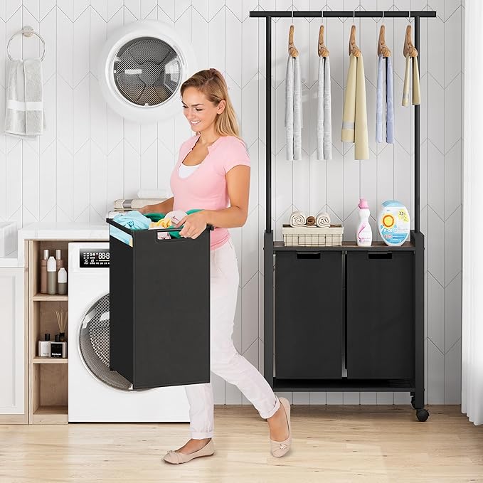 Laundry Sorter 2 Section Laundry Hamper Sorter with Clothes Hanging Rod and Wooden Storage Shelf 2 X 13gal Laundry Basket Organizer for Laundry Room Organization Storage Baskets, Black