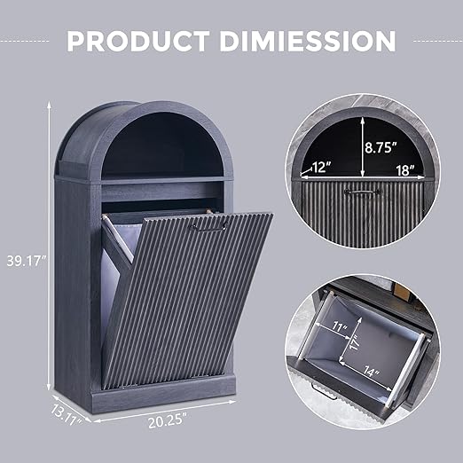 Arched Tilt-Out Trash Can Cabinet, Fluted 10 Gallon Trash Can Cabinet Set of 2, Modern Laundry Hamper Cabinet, Hidden Garbage Can with Storage Basket for Kitchen, Living Room, Dark Grey
