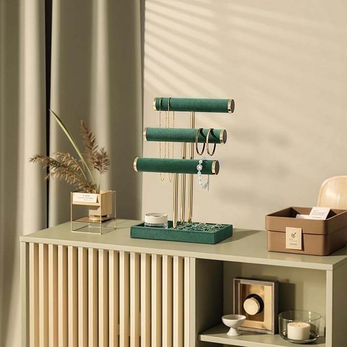 3 Tier Bracelet Holder Display - Detachable T Bar Dark Green Velvet Bracelet Holder, Jewelry Holder Organizer for Bracelet, Necklace, Watches, Rings