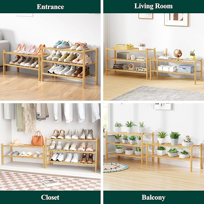 Smiry Bamboo Shoe Rack for Closet, 4 Tier Wooden Stackable Shoe Organizer, Free Standing Shoes Storage Shelf for Entryway, Front Door Entrance, Natural & White