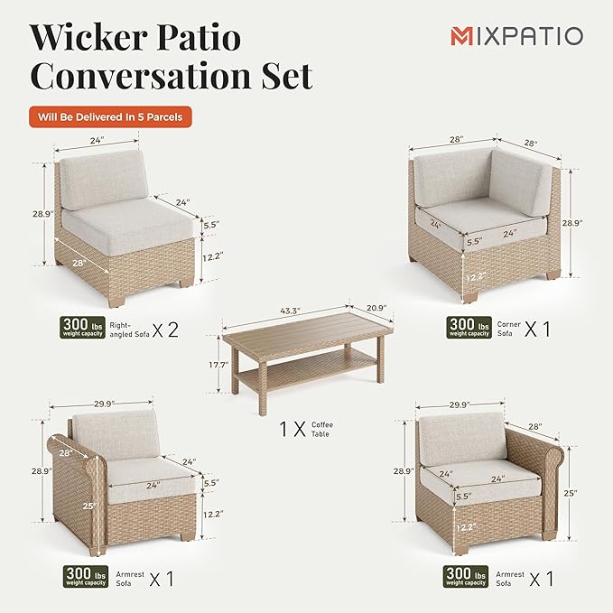 Patio Furniture Set, 6 Piece Outdoor Rattan Wicker Sectional Conversation Set with 5.5" Thick Waterproof Cushions and Coffee Table for Deck Backyard