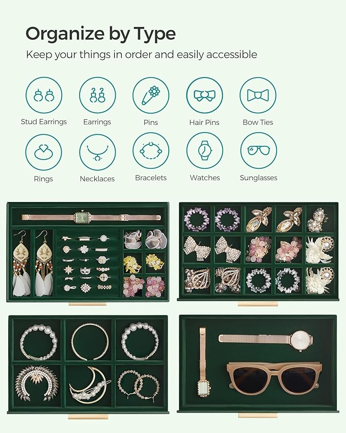 SONGMICS Jewelry Box Organizer with Glass Lid, 4-Layer Jewelry Storage, with 3 Drawers, Modern Style, Christmas Gift, 6 x 9.9 x 8.5 Inches, Forest Green and Gold Color UJBC161G01