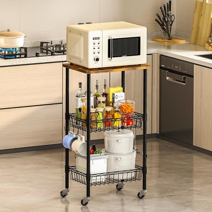 Homeiju Rolling Kitchen Storage Cart, 3-Tier Storage Rack on Caster Wheels with Adjustable 2 Baskets, Coffee Station Cart Rack Shelf Organizer for Living Room Office, Balcony, Rustic Brown/Black