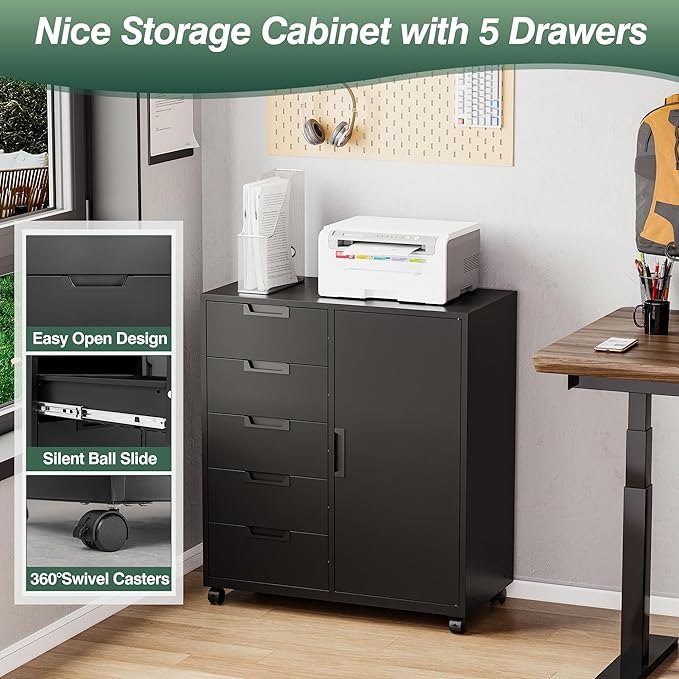 MIIIKO 5 Drawer Storage Cabinet with Door and Shelf, Mobile Lateral Cabinet on Wheels, Office Small Organizer Printer Stand, Black File Cabinets