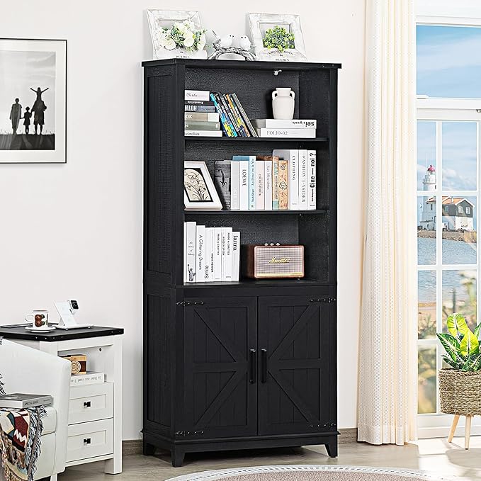70in Tall Bookshelf 5 Tier Bookcase with Barn Doors and Adjustable Shelves, Black Farmhouse Book Shelf with Storage Cabinet, Wood Freestanding Display Bookshelves for Bedroom, Living Room