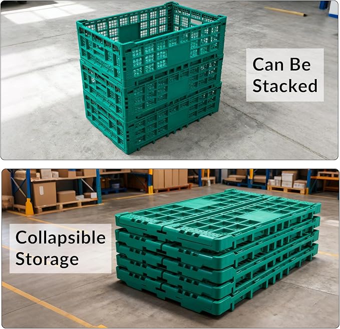 Collapsible Storage Crates, 52 Liter Heavy Duty Foldable Plastic Crates , Storage Baskets and Bins 23.6" L x 15.7" W x 8.6" H Stackable Dairy Milk Crates for Office, Home, Toy Storage