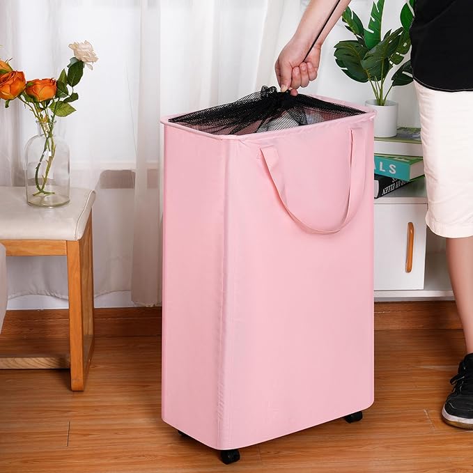 efluky Slim Laundry Hamper with Wheels, Rolling Laundry Basket for Clothes, Small Laundry Basket for Bedroom, Dorm and Laundry Room, 75L (19.8 Gallons) Pink