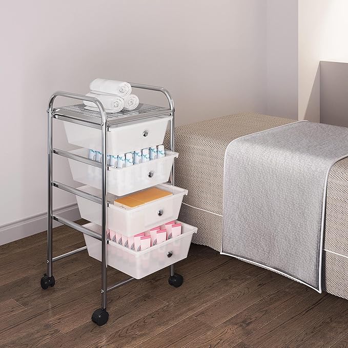 Yaheetech 4 Drawers Cart Rolling Plastic Storage Cart and Organizer Metal Frame Drawers Plastic Trolley Organizer on Wheels, White