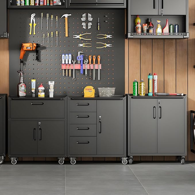 Metal Tool Cabinet,Garage Storage Cabinet System,Wall Cabinet & Locking Rolling Tool Cabinet with Doors and Adjustable Shelves,Steel Tool Cabinets for Home (2 Pcs-StyleF, Black)