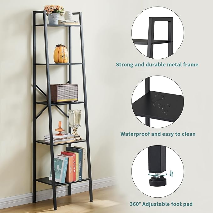 Hoctieon 5-Tier Industrial Ladder Bookshelf, Narrow Ladder Shelf, Tall Standing Bookshelf, Skinny Open Ladder Shelf, for Living Room, Home Office, Kitchen, Bedroom, Metal Frame, Black