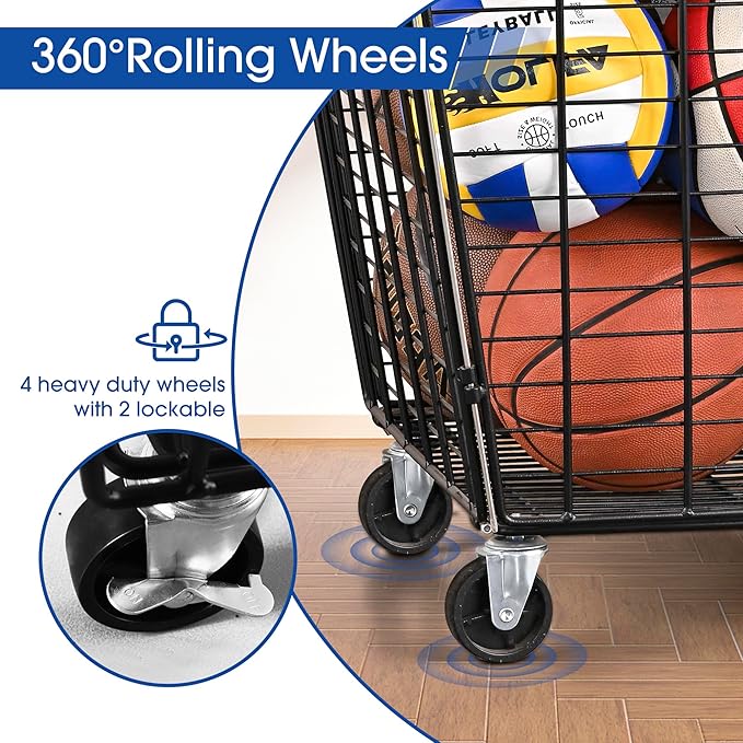 Mythinglogic Rolling Ball Storage Cart, Ball Storage Bin with Lockable Lid, Garage Organizer Made of Steel, Suitable for School Sport Equipment Storage