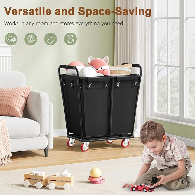 Hoctieon 2 Section Laundry Sorter Cart, 300L Rolling Hamper with Wheels, Industrial Laundry Basket Organizer, Large Dirty Clothes Hamper for Home & Hotel, Heavy Duty, Black