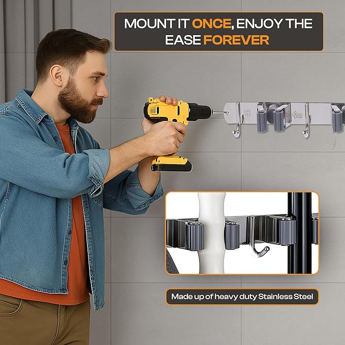 Heavy-Duty Stainless-Steel Broom Holder Wall Mount with 4 Racks and 5 Hooks | Rust Resistant Mop and Broom Hanger | Adjustable, Garage & Garden Tool Organizer | Silver Color