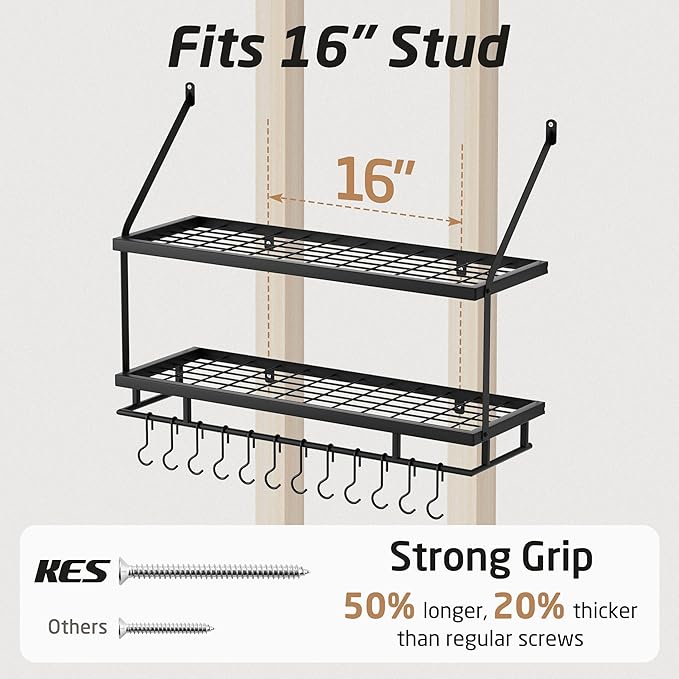 KES 30-Inch Kitchen Pot Rack - Mounted Hanging Rack for Kitchen Storage and Organization - Matte Black 2-Tier Wall Shelf with Guard Rail for Pots and Pans Organizer with 12 Hooks - KUR215S75B-BK