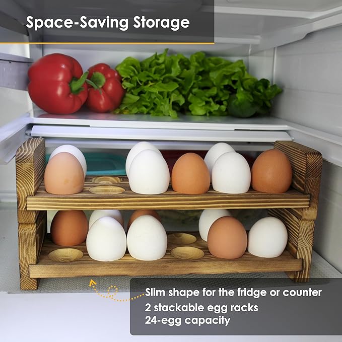 Expandable Stackable Wooden Egg Holder Countertop for 24 Eggs, Rustic Kitchen Decoration, Two-Piece Compact Egg Rack for Counter - Chicken Decor - Gui's Chicken Coop (Double Rack)